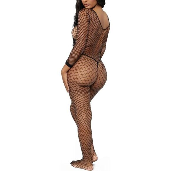 Women's Sexy Mesh Body Stocking Fishnet Lingerie Long Sleeve Bodysuits One Piece - Picture 4 of 6